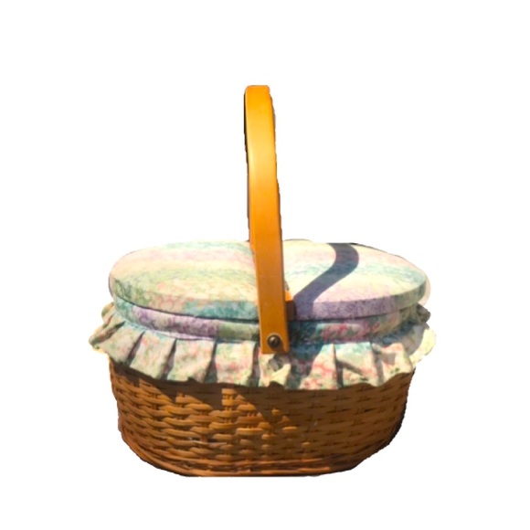 Vintage Double Lidded Wood Woven Floral Sewing Basket